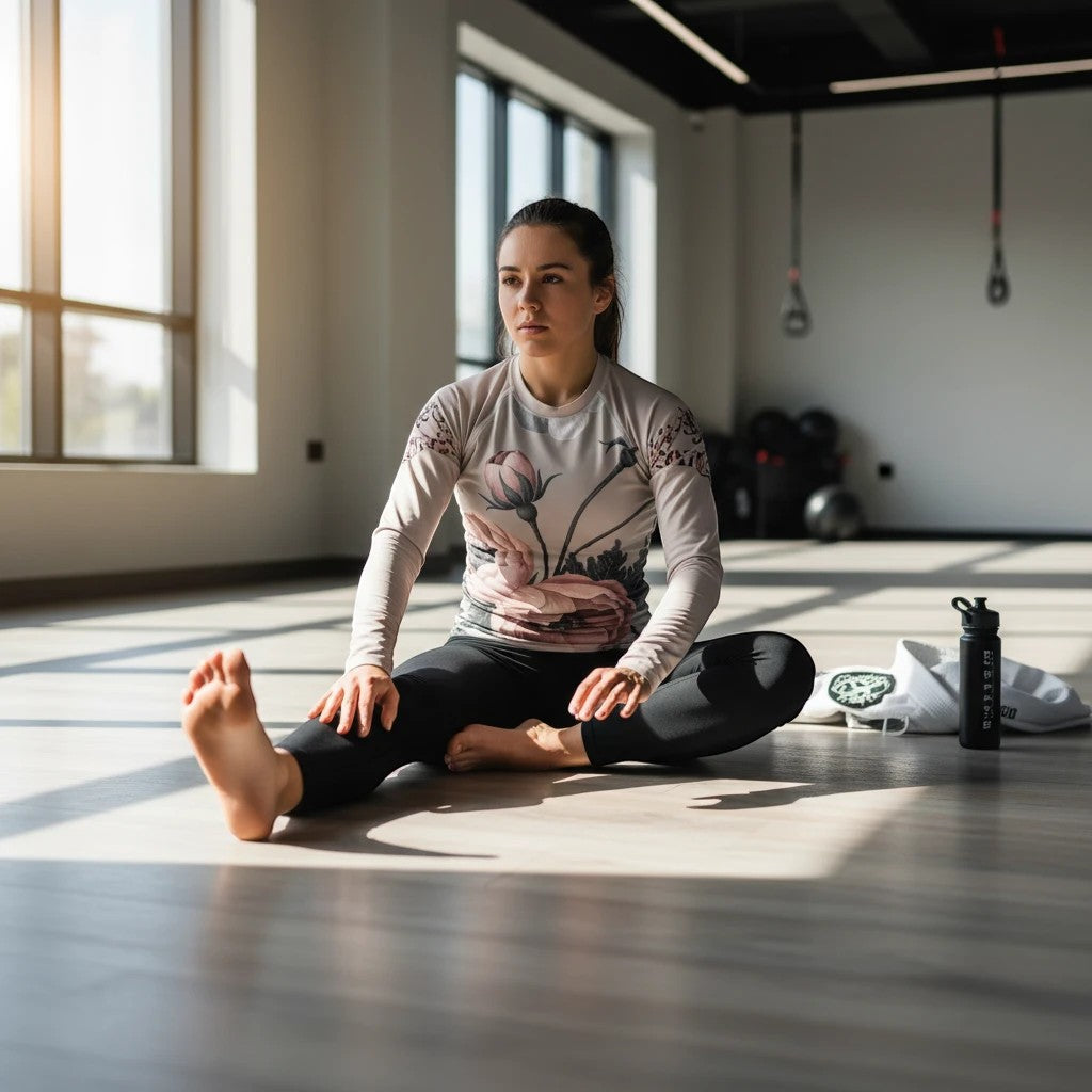 Roll Gear women's long sleeve rash guard in Vintage Rose with floral print, designed for athletic performance and comfort.