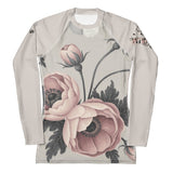 Roll Gear women's long sleeve rash guard in Vintage Rose floral print. Moisture-wicking, UPF 50+.
