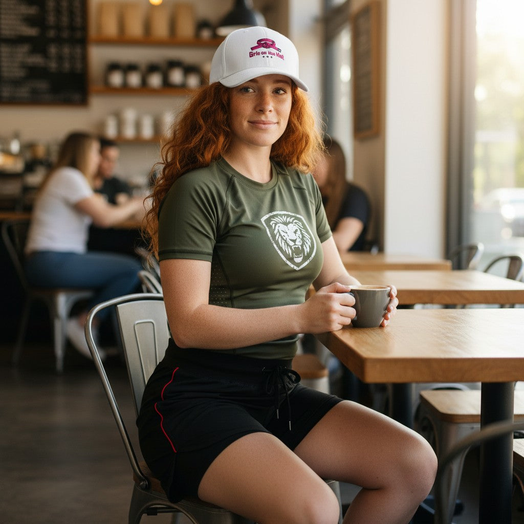 Roll Gear white structured baseball cap with pink embroidered BJJ belt graphic and "Girls on the Mat" text.