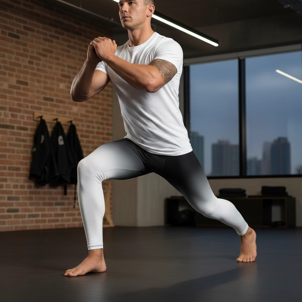Roll Gear White Fade Training Spats – White/Black – Men's, man lunging in a gym.