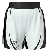 Roll Gear™ white and black grappling shorts with a curved design on the sides. IBJJF compliant for BJJ, MMA, and no-gi training.