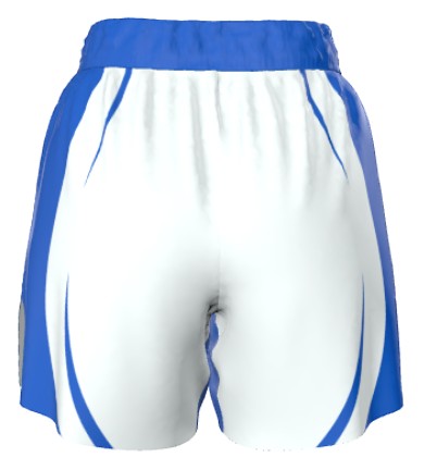 Roll Gear™ white grappling shorts with blue accents and waistband, designed for BJJ and MMA.