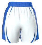Roll Gear™ white grappling shorts with blue accents and waistband, designed for BJJ and MMA.