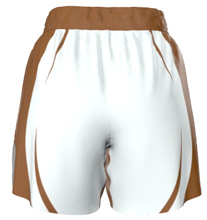Roll Gear™ white grappling shorts with brown trim and side panels, designed for BJJ and MMA.