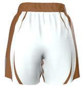 Roll Gear™ white grappling shorts with brown trim and side panels, designed for BJJ and MMA.