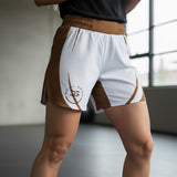 Roll Gear™ white and brown grappling shorts with a brown waistband and side panels. Features a logo on the left leg.