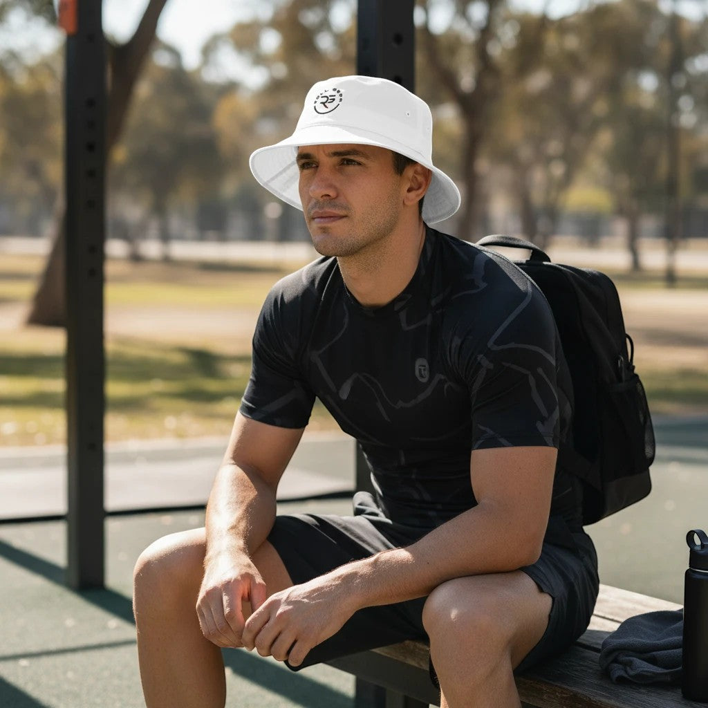 Roll Gear white 100% cotton twill bucket hat with embroidered logo, worn by a man outdoors.