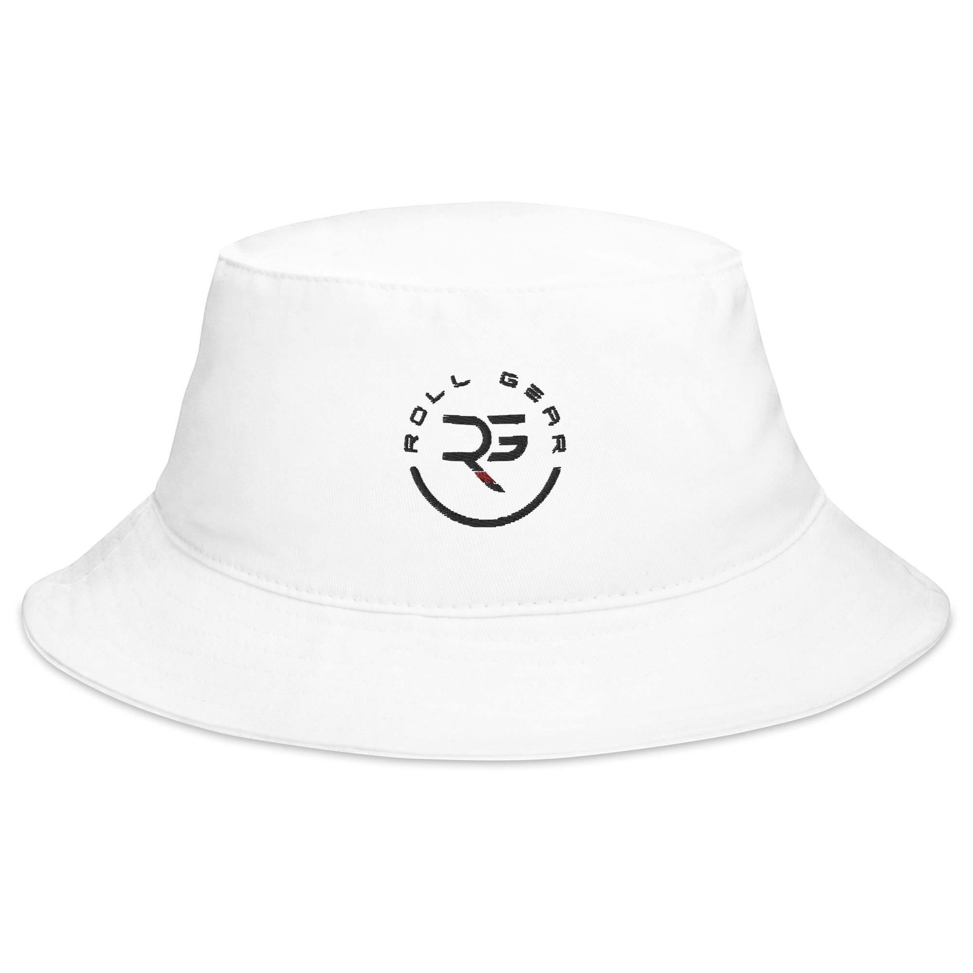 Roll Gear white 100% cotton twill bucket hat with embroidered logo. Classic fit, breathable.