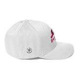 Roll Gear white structured stretch fit cap with pink embroidered Girls on the Mat logo and belt graphic.