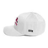 Roll Gear white structured stretch fit cap with pink embroidered belt graphic and GOTM logo.