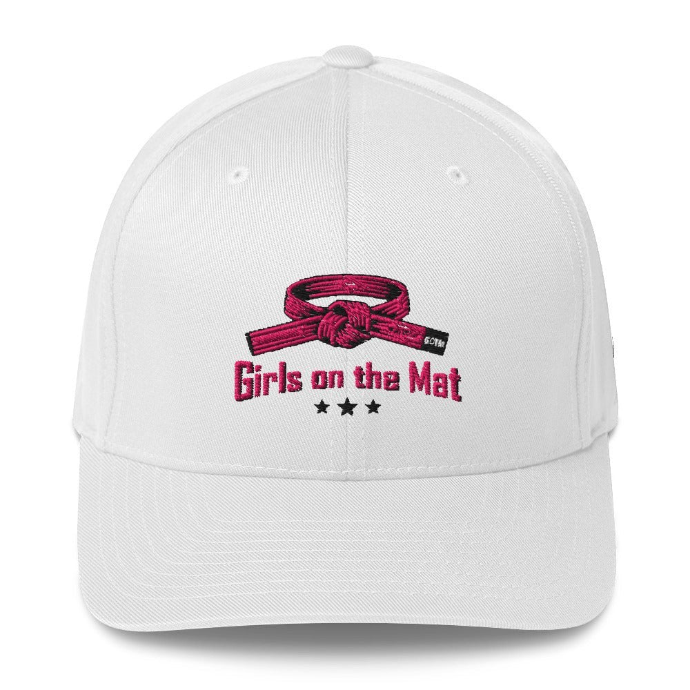 Roll Gear white structured baseball cap with pink embroidered belt graphic and "Girls on the Mat" text.