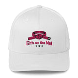 Roll Gear white structured baseball cap with pink embroidered belt graphic and "Girls on the Mat" text.