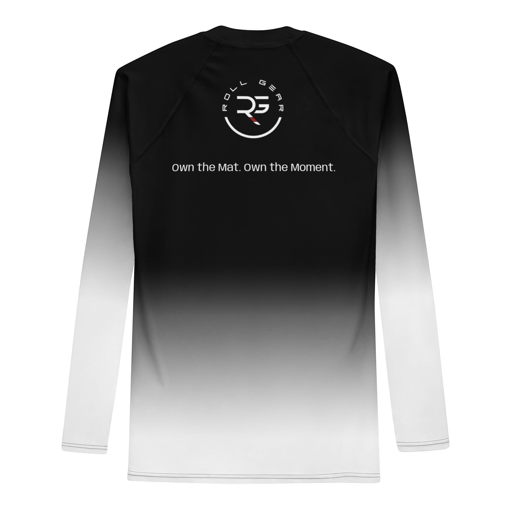 Roll Gear White Fade Long Sleeve Rash Guard – White/Black – Men’s, flat back view, Roll Gear emblem.