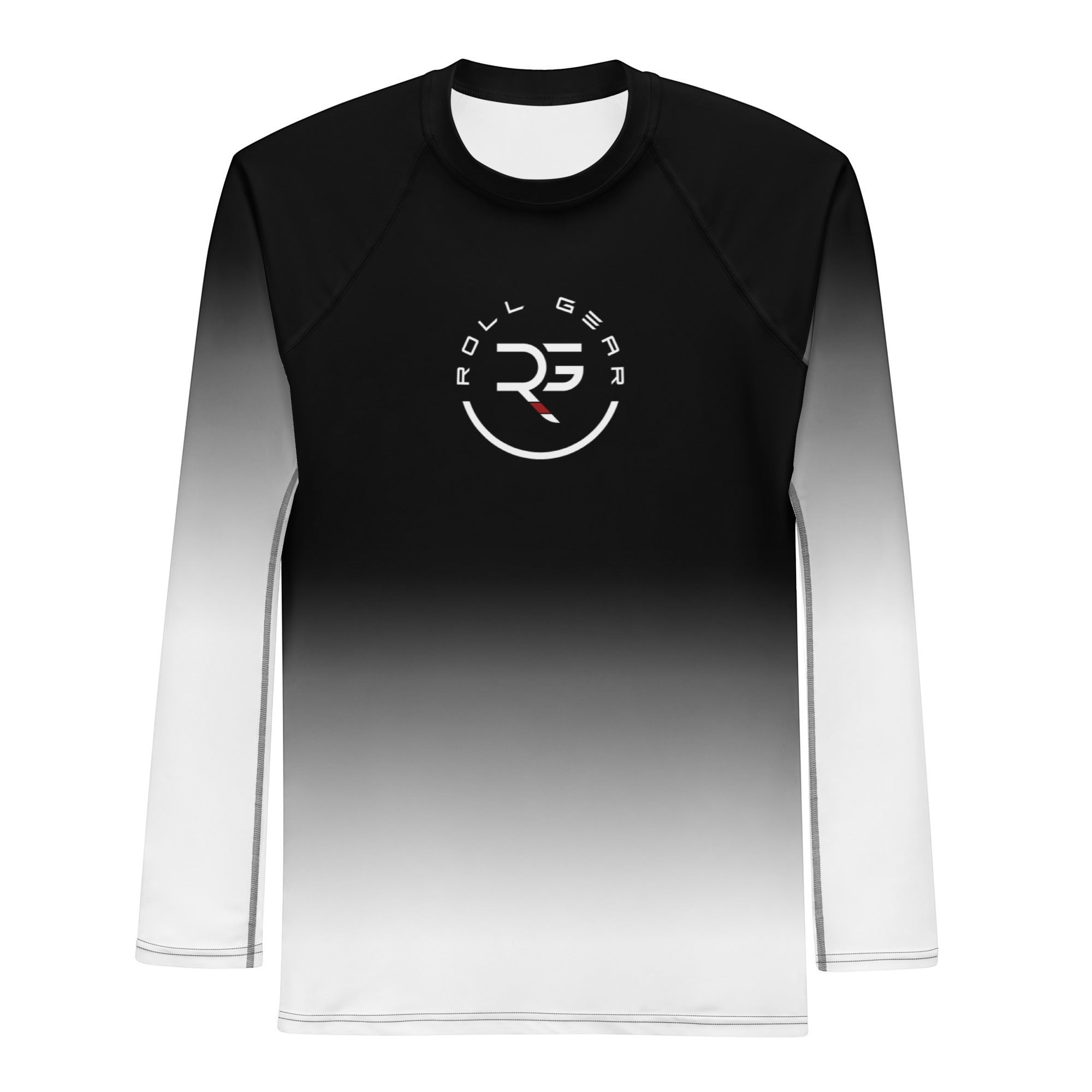 Roll Gear White Fade Long Sleeve Rash Guard – White/Black – Men’s, flat front view, Roll Gear chest emblem.