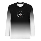Roll Gear men's white and black long sleeve rash guard with gradient fade and logo. Moisture-wicking, athletic fit.