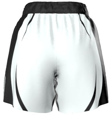 Roll Gear™ white grappling shorts with black accents and waistband, designed for BJJ and MMA.