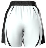 Roll Gear™ white grappling shorts with black accents and waistband, designed for BJJ and MMA.