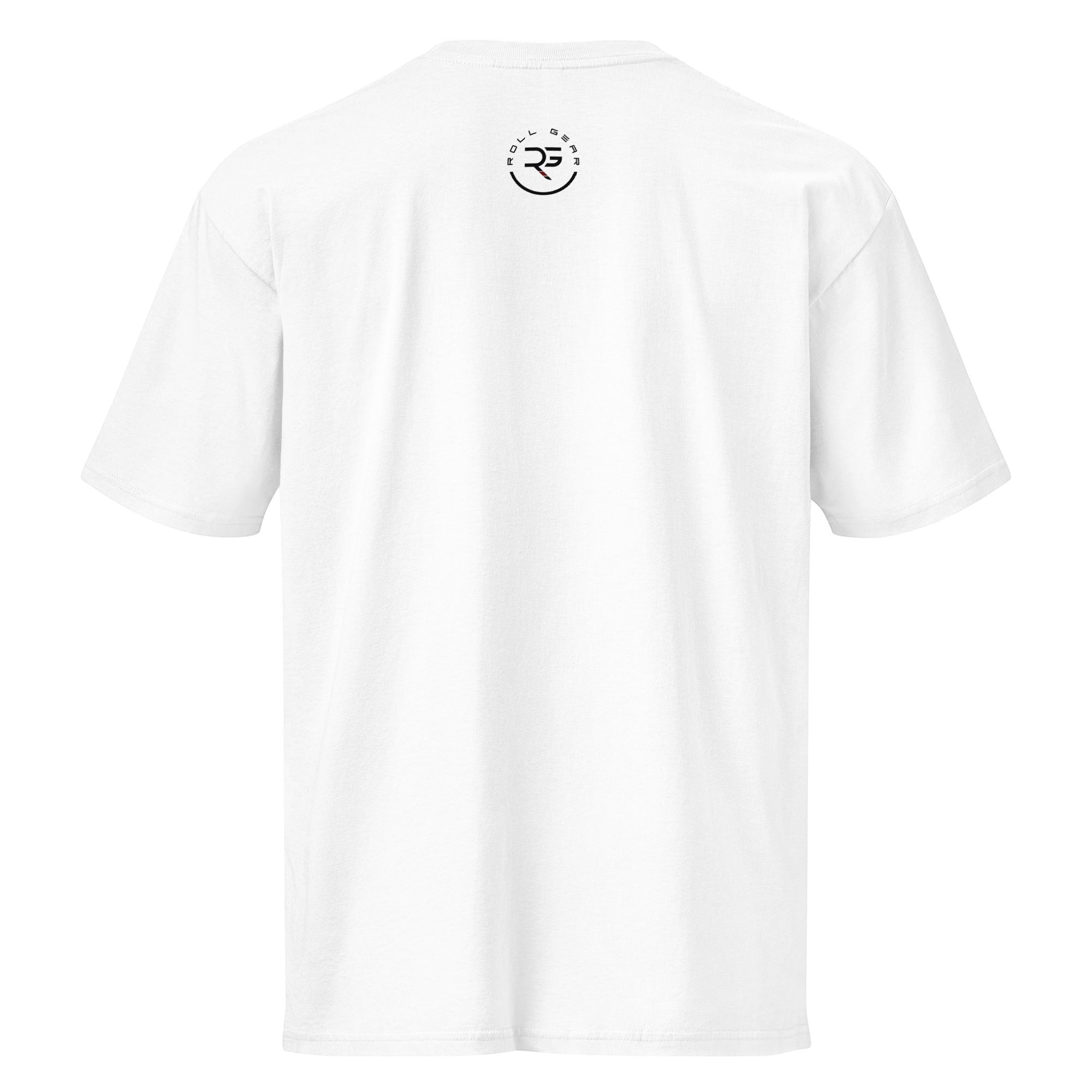Roll Gear white heavyweight cotton t-shirt with a graphic logo on the back. Relaxed fit, drop shoulder sleeves.