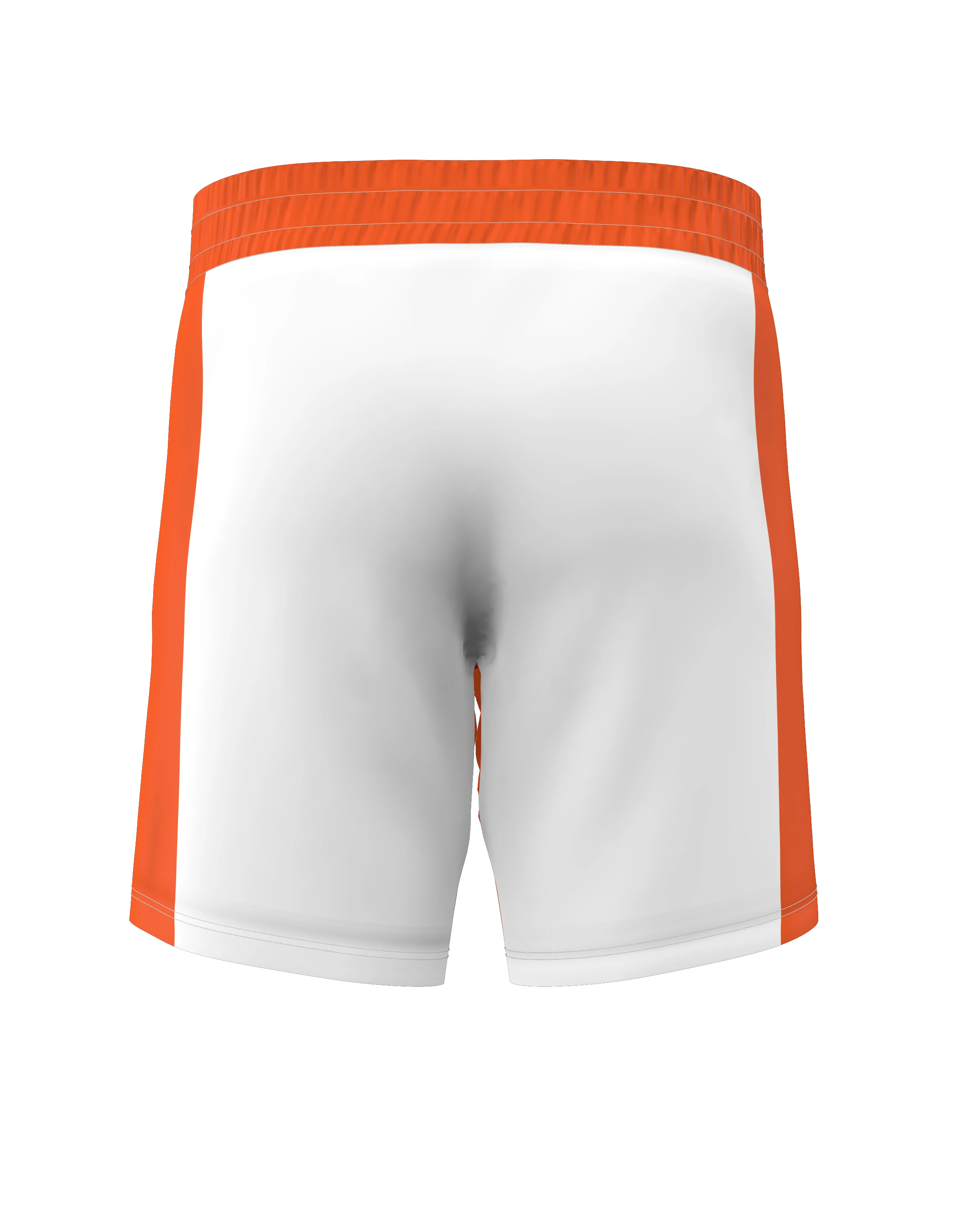 Roll Gear white athletic performance shorts with orange side panels and elastic waistband.