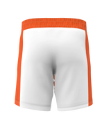 Roll Gear white athletic performance shorts with orange side panels and elastic waistband.