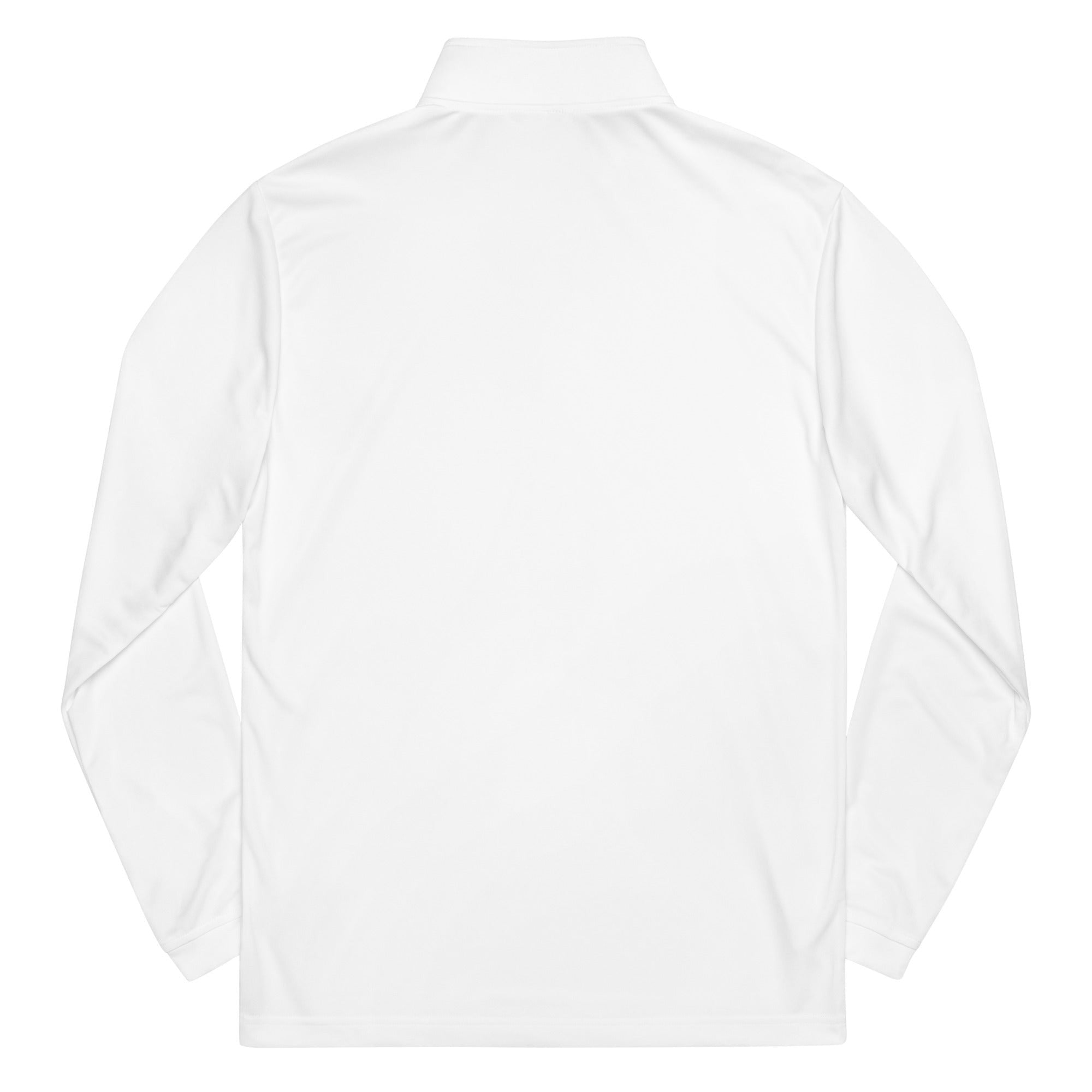 Roll Gear white polyester quarter zip pullover with long sleeves and a stand-up collar.