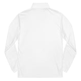 Roll Gear white polyester quarter zip pullover with long sleeves and a stand-up collar.