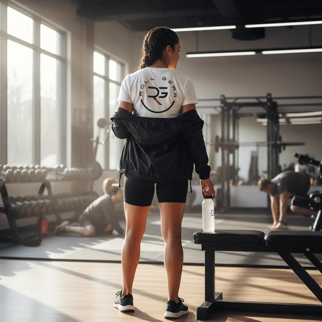 Roll Gear white premium t-shirt with blue gradient graphic on back, worn by a woman in a gym.