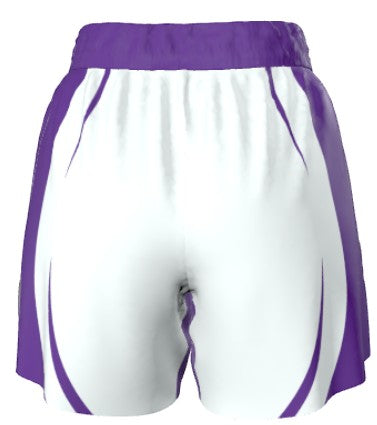Roll Gear™ white grappling shorts with purple trim and accents. IBJJF compliant design for BJJ, MMA, and no-gi training.
