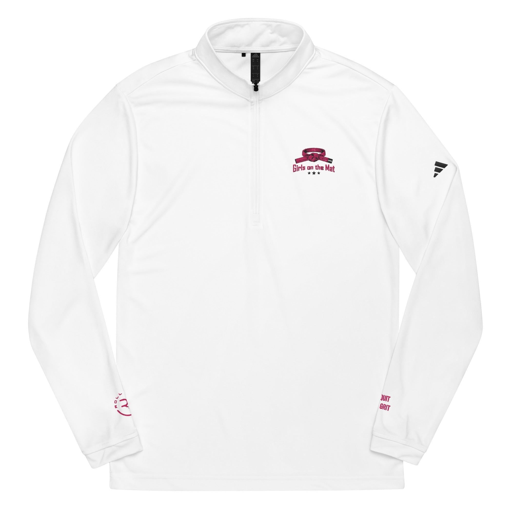 Roll Gear white polyester quarter zip pullover with embroidered logo on chest and sleeve