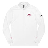 Roll Gear white polyester quarter zip pullover with embroidered logo on chest and sleeve
