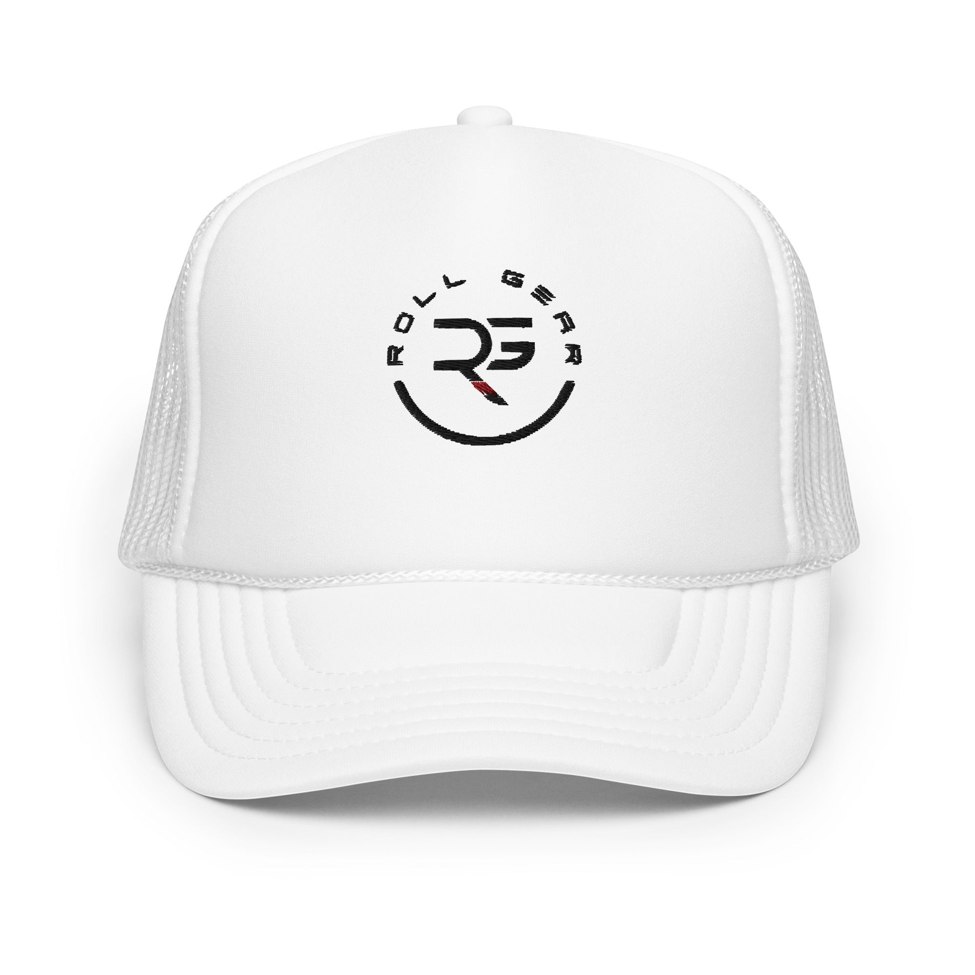 Roll Gear white trucker hat with embroidered logo and mesh back for breathability. Adjustable snapback closure.