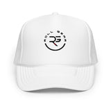 Roll Gear white trucker hat with embroidered logo and mesh back for breathability. Adjustable snapback closure.