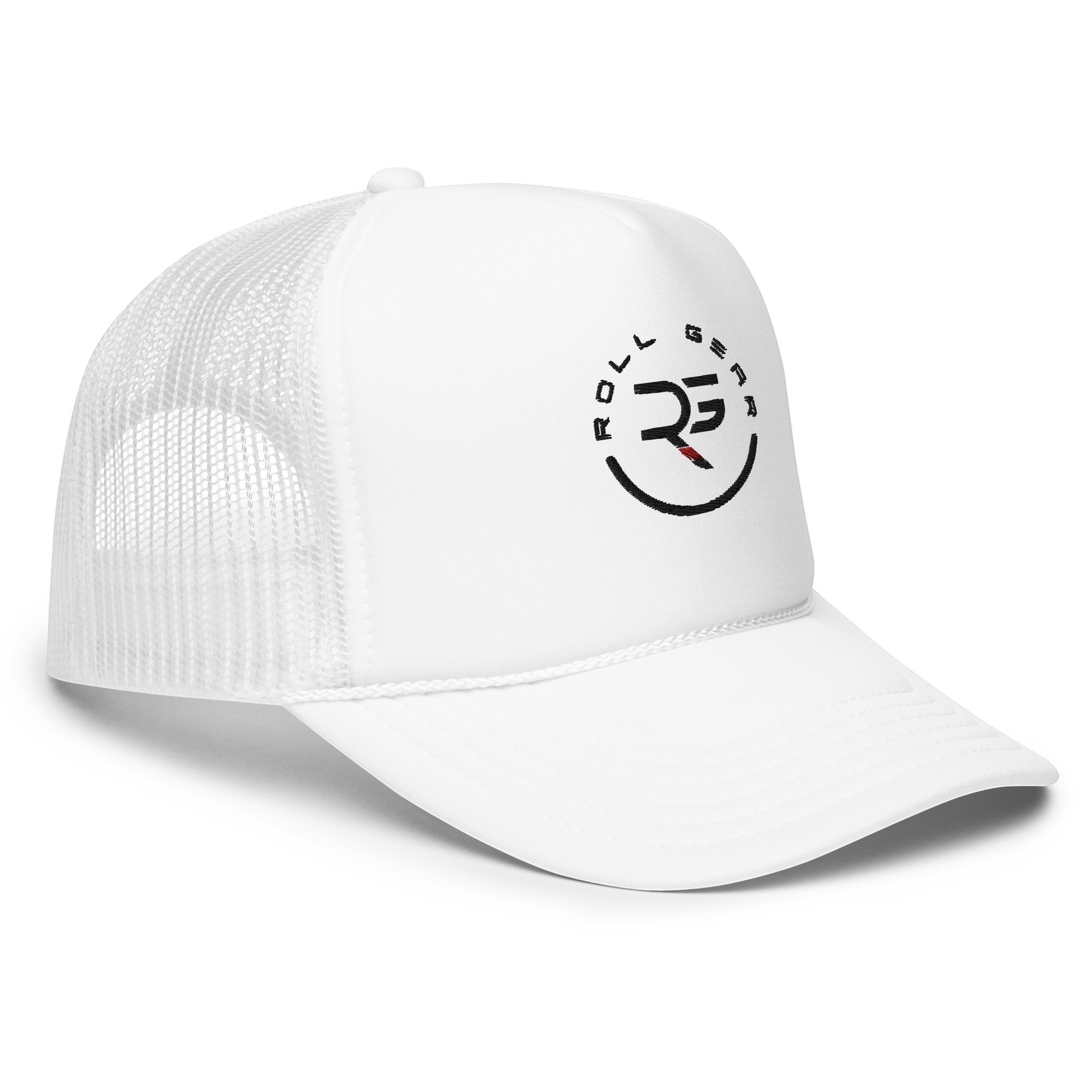 Roll Gear white trucker hat with mesh back and embroidered logo. Curved bill, adjustable snapback.