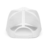 Roll Gear white mesh trucker hat with adjustable snapback closure. Classic 6-panel style.