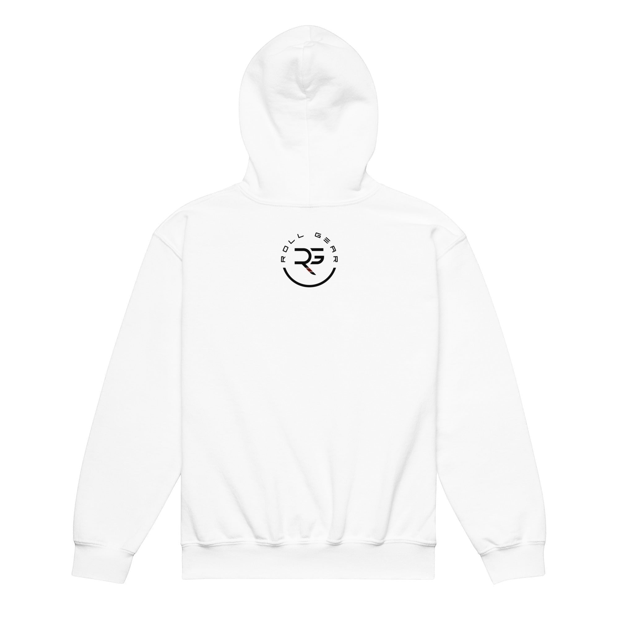 Roll Gear white youth heavyweight hoodie with a black circular logo and text on the back.