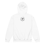 Roll Gear white youth heavyweight hoodie with a black circular logo and text on the back.