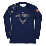 Roll Gear Women's Air Force blue long sleeve compression fit rash guard with silver graphics and US flag patch.