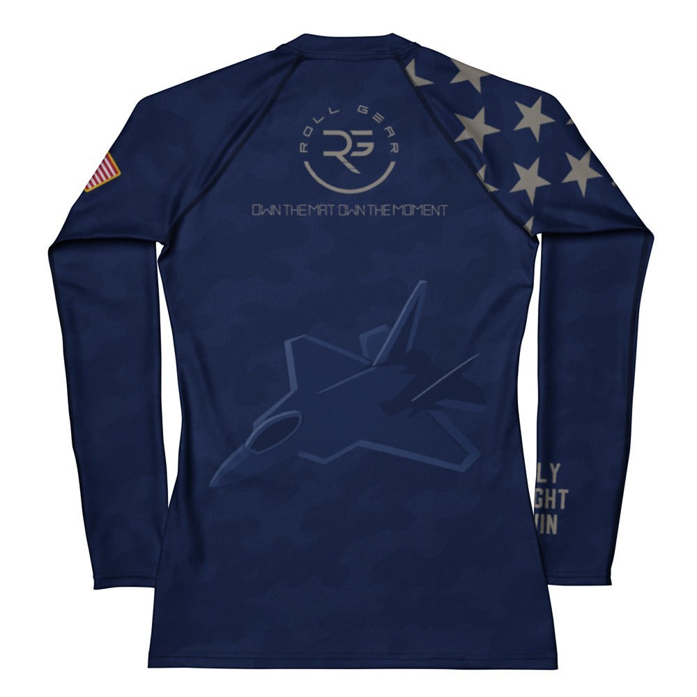 Roll Gear Women's Air Force blue long sleeve compression fit rash guard with jet graphic and stars on sleeve.