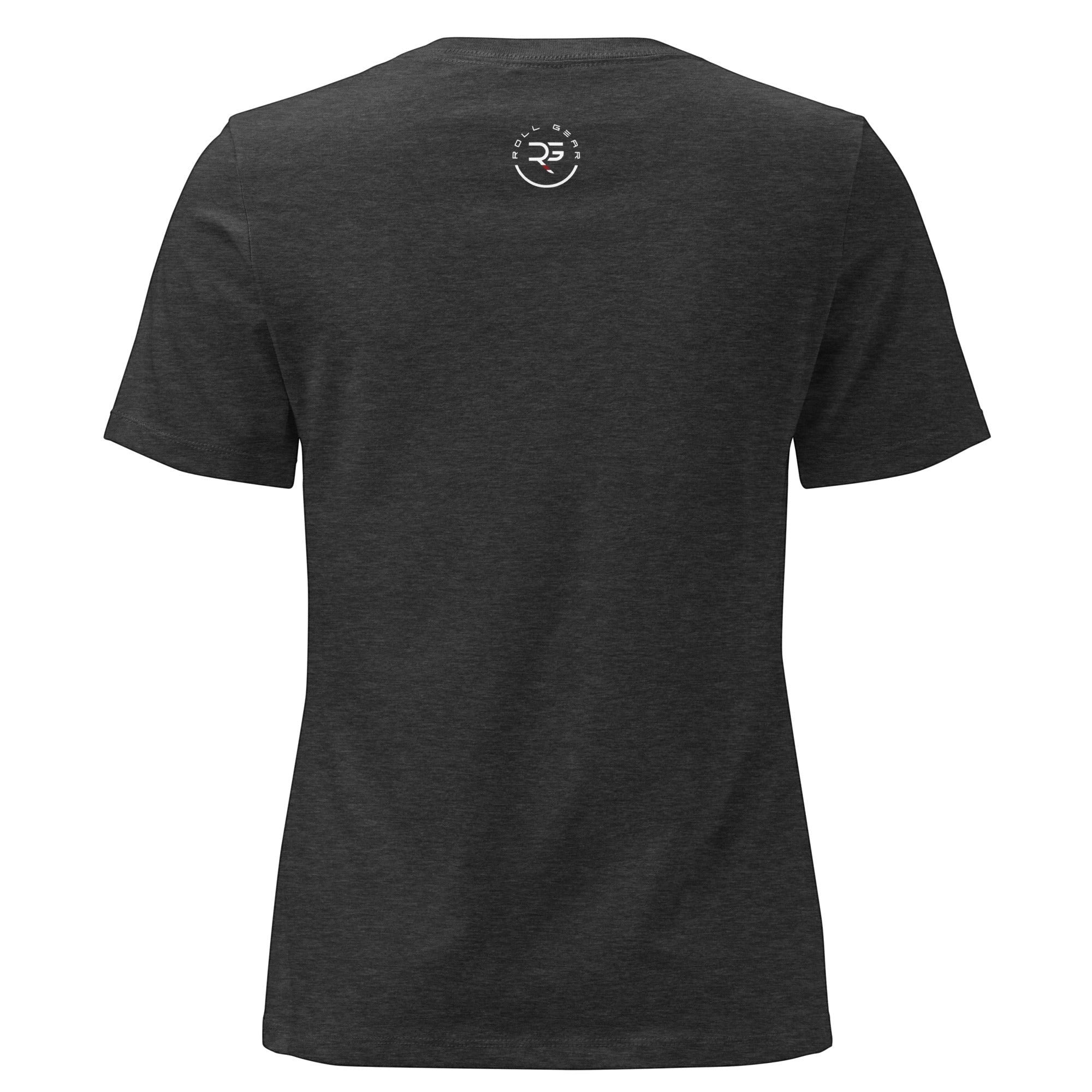 Roll Gear women's relaxed fit dark heather grey t-shirt with crew neck and small logo on back.