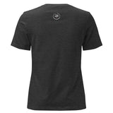 Roll Gear women's relaxed fit dark heather grey t-shirt with crew neck and small logo on back.