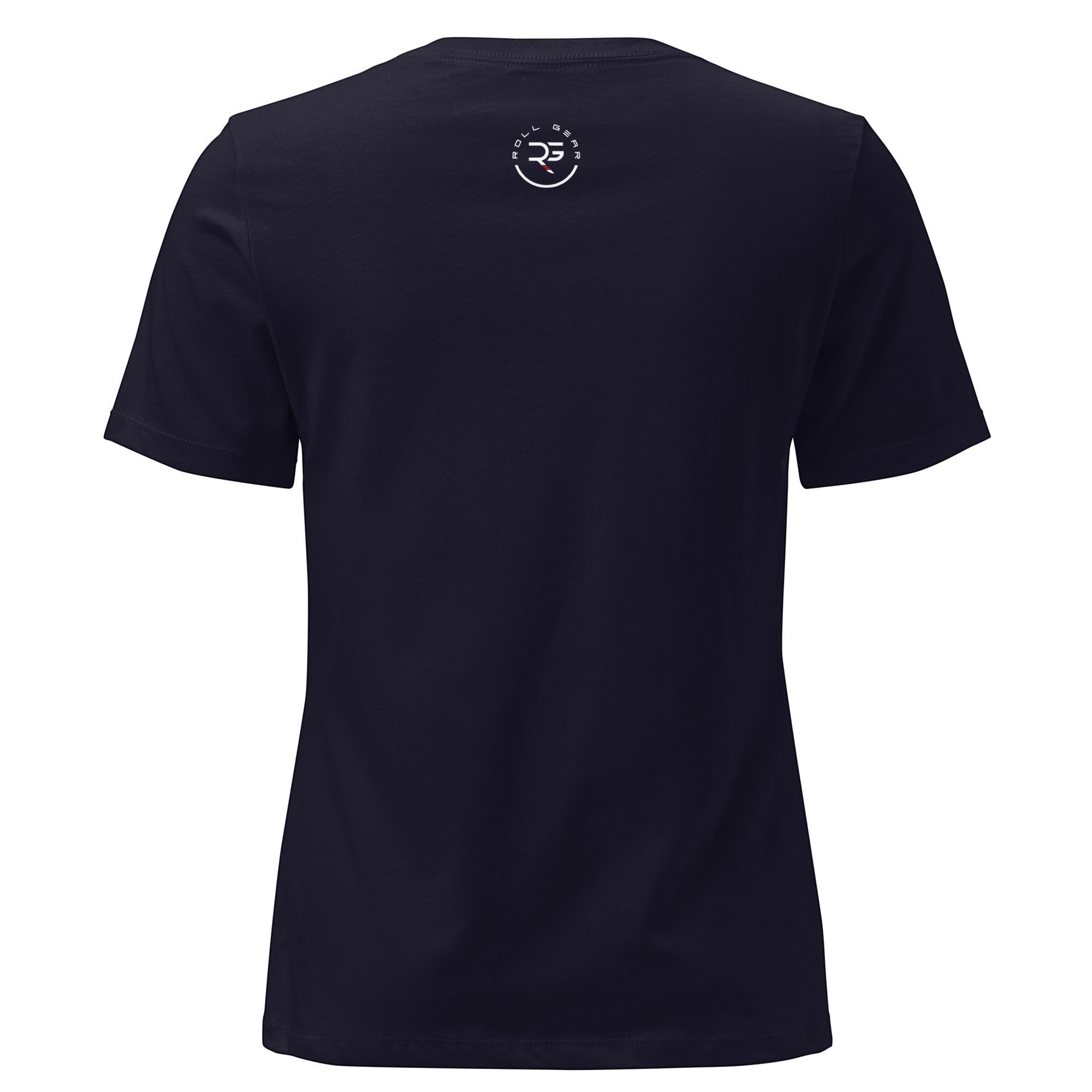 Roll Gear women's relaxed fit navy blue cotton t-shirt with a small white logo on the back neck.