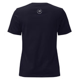 Roll Gear women's relaxed fit navy blue cotton t-shirt with a small white logo on the back neck.
