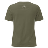 Roll Gear women's relaxed fit olive green cotton t-shirt with crew neck and small logo on back.