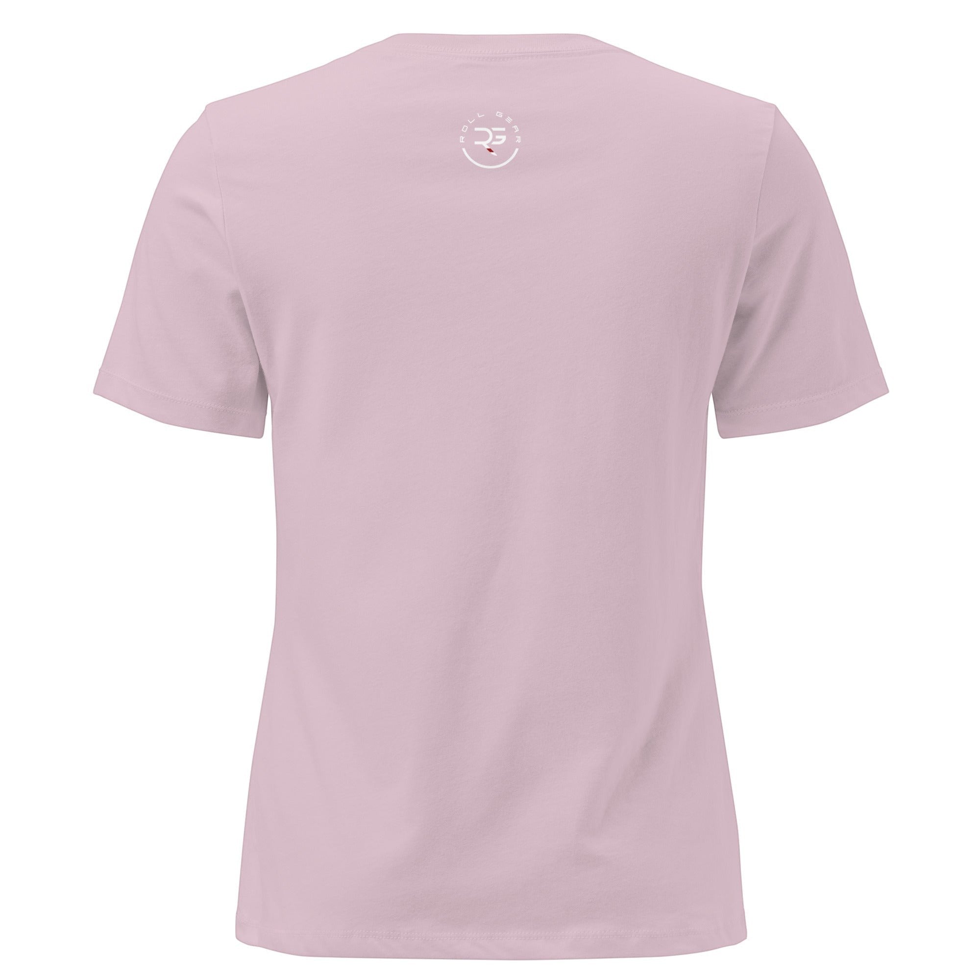 Roll Gear women's relaxed fit light pink cotton t-shirt with small circular logo on back.