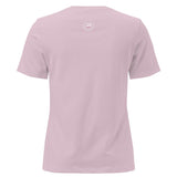 Roll Gear women's relaxed fit light pink cotton t-shirt with small circular logo on back.
