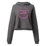 Roll Gear women's cropped grey hoodie with pink logo on chest and sleeve detail. Made from soft fleece.