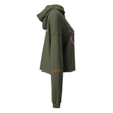 Roll Gear women's cropped olive green hoodie with pink graphic details on sleeve and back.