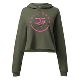 Roll Gear women's cropped olive green hoodie with pink logo and lettering on sleeve. Soft fleece interior.