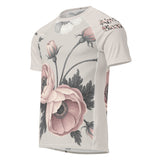 Roll Gear women's short sleeve rash guard in beige with a vintage floral print and UPF 50+ protection.