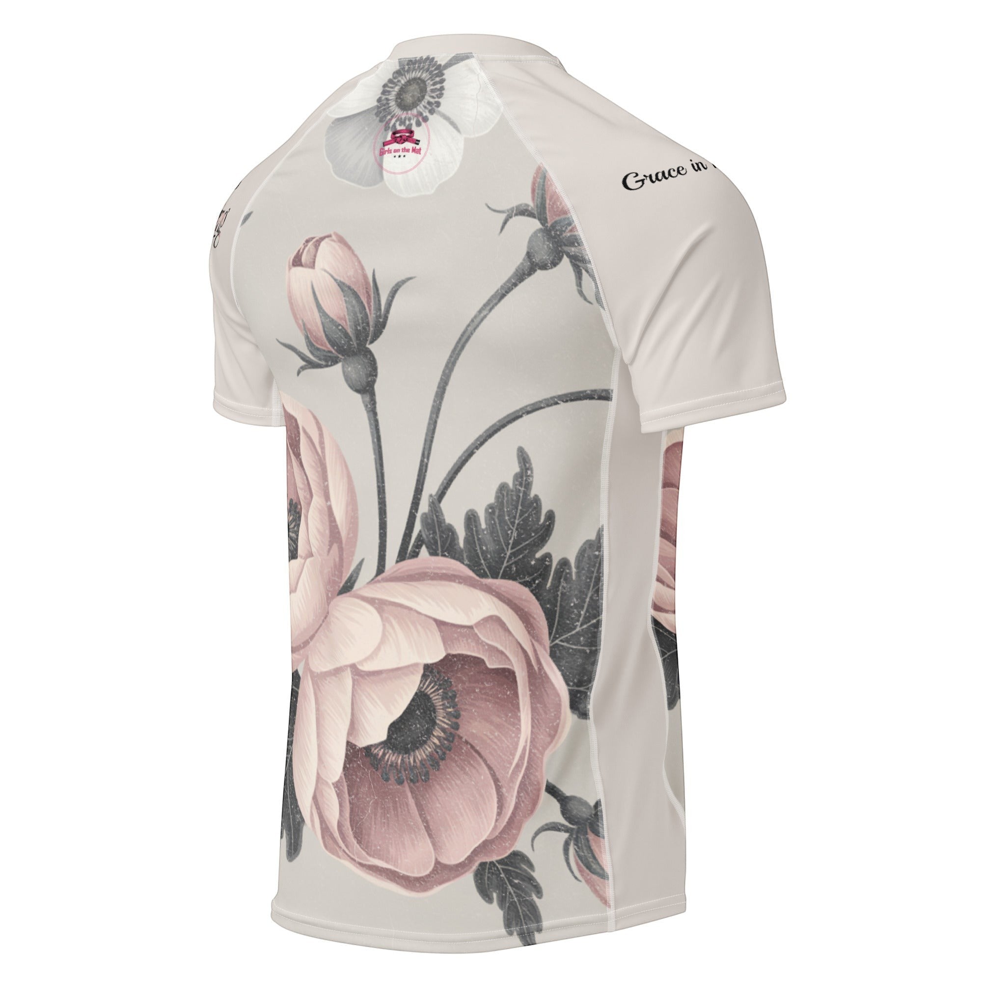 Roll Gear Always Blooming Women's Short Sleeve Rash Guard, side view, anemone floral print.
